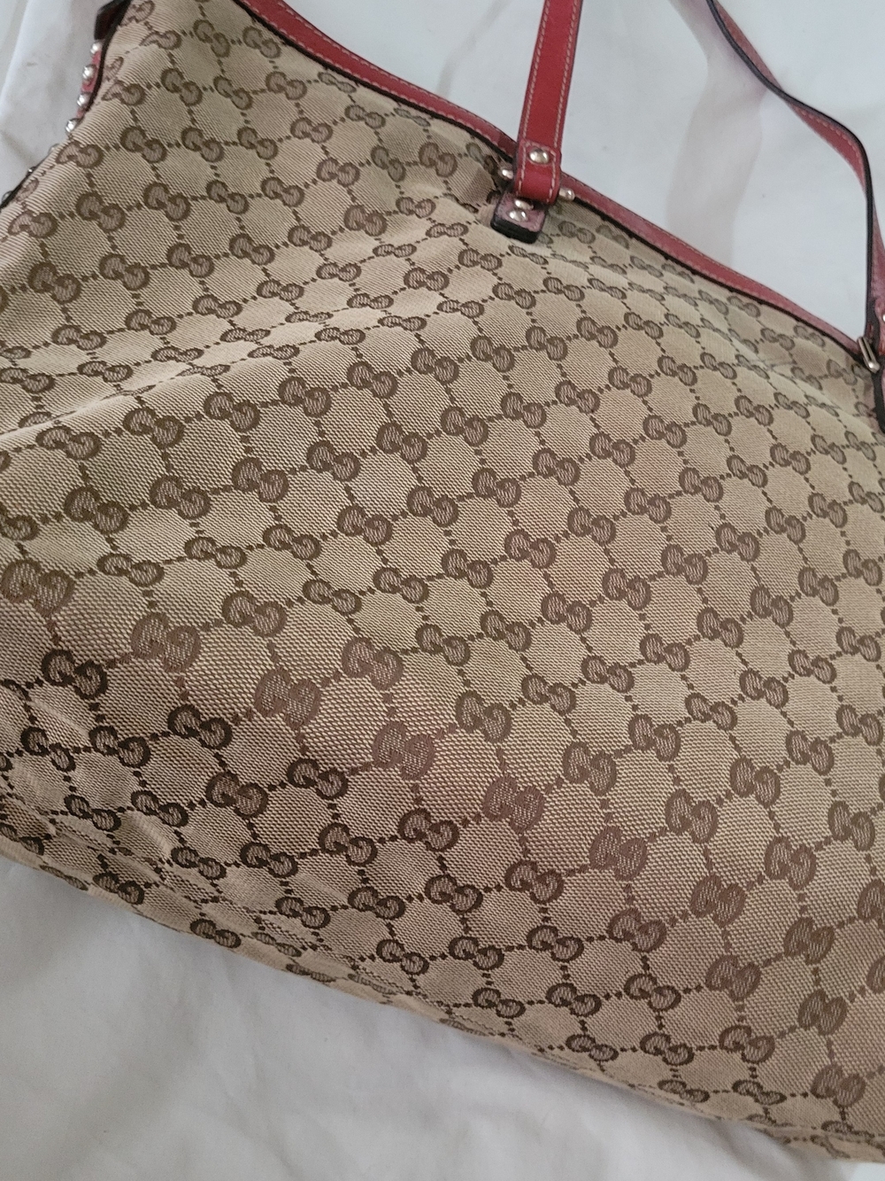 Gucci Beige Monogram Tote with Red Trim